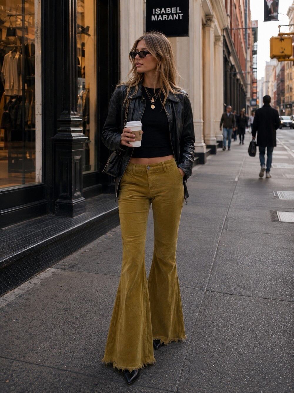 Forever 21 Gold Bell Bottom Corduroy Pants Frayed Hem Boho Indie 70’s Retro Sz S
